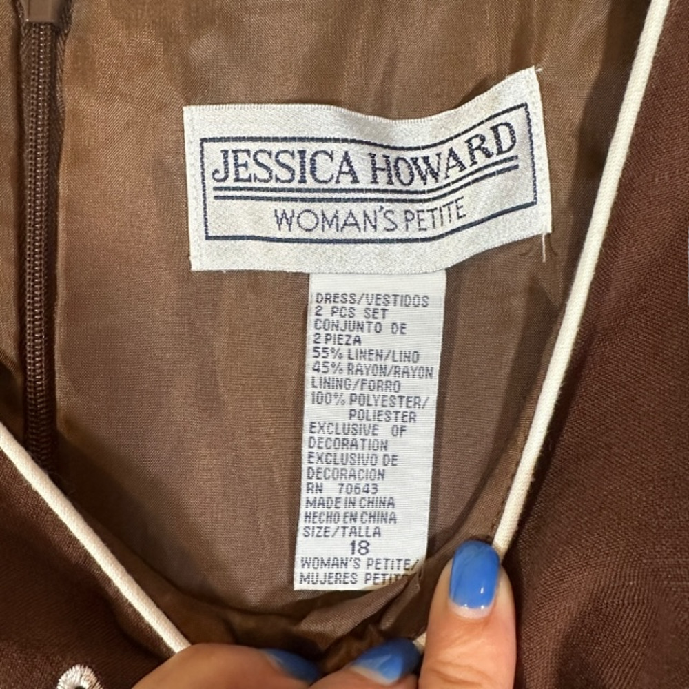 Jessica Howard Brown Floral Linen Blend Sleeveless Midi Dress Women Sz 18P VTG - Picture 7 of 8